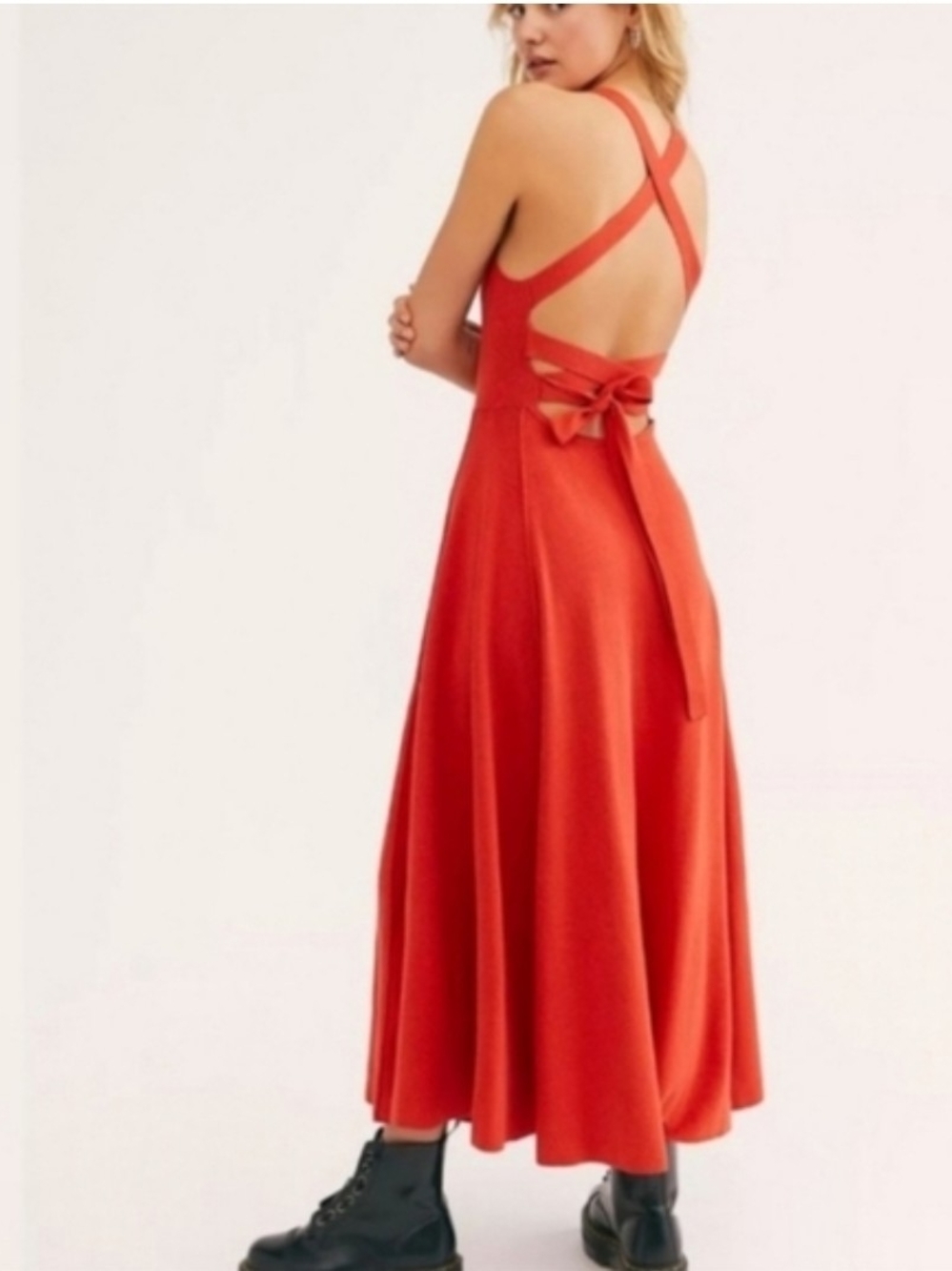 Free People Dreamer Midi Dress L Red Tie Back Knit NWOT